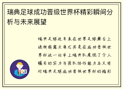 瑞典足球成功晋级世界杯精彩瞬间分析与未来展望