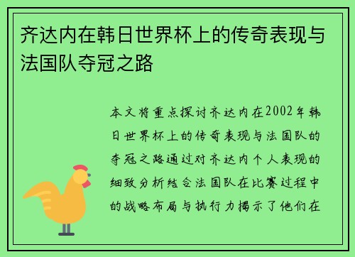 齐达内在韩日世界杯上的传奇表现与法国队夺冠之路